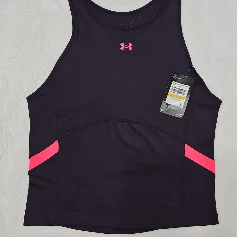 Under Armour Deep Purple Tank Top with Bold Neon Pinkish Coral Accents - Picture 4 of 8